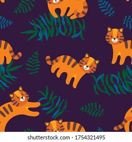 Selva sin costuras con tigres lindos y hojas en un fondo violeta oscuro. Ilustración vectorial tropical en estilo plano