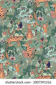 Jungle seamless pattern with doodle animals. Hand drawn leopards, parrots, toucan, chameleon, snake and monkey. Vector illustration ideal for wallpapers, nursery and fabrics. Rainforests plants.