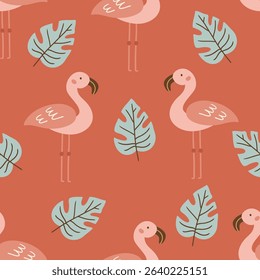 Jungle seamless pattern with flamingo and monstera leaves on orange background. Perfect for wallpaper, gift paper, summer greeting cards. Vector hand drawn child illustration
