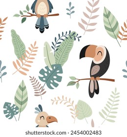 Jungle Seamless pattern in flat style. Safari digital paper with toucan, parrot and tropical plants. Hand drawn vector pattern