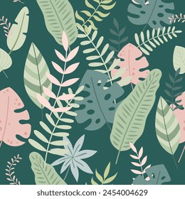 Jungle seamless pattern in flat style. Tropical leafs digital paper. Floral pattern. Safari paper. 