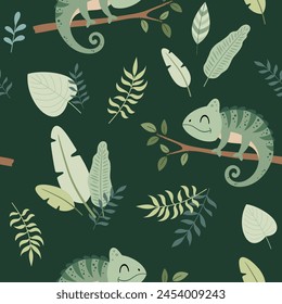 Jungle Seamless pattern in flat style. Safari digital paper with chameleon and tropical plants. Hand drawn vector pattern