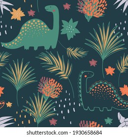 Jungle seamless pattern with funny dinosaurs and tropical elements. Hand drawn vector illustration. Creative kids for fabric, wrapping, textile, wallpaper, apparel. Vector illustration