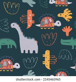 Jungle seamless pattern with funny dinosaurs and tropical elements. Hand drawn vector illustration. Creative kids for fabric, wrapping, textile, wallpaper, apparel. Vector illustration
