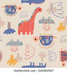 Jungle seamless pattern with funny dinosaurs and tropical elements. Hand drawn vector illustration. Creative kids for fabric, wrapping, textile, wallpaper, apparel. Vector illustration
