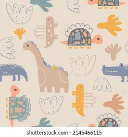 Jungle seamless pattern with funny dinosaurs and tropical elements. Hand drawn vector illustration. Creative kids for fabric, wrapping, textile, wallpaper, apparel. Vector illustration
