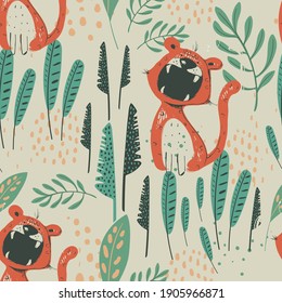 Jungle seamless pattern with funny Tigers and tropical elements. Hand drawn vector illustration. Creative kids for fabric, wrapping, textile, wallpaper, apparel. Vector illustration