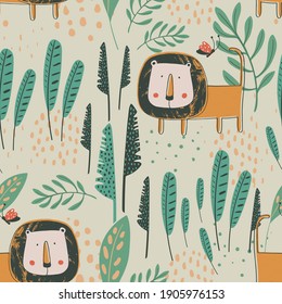 Jungle seamless pattern with funny Tigers and tropical elements. Hand drawn vector illustration. Creative kids for fabric, wrapping, textile, wallpaper, apparel. Vector illustration
