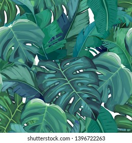Jungle seamless pattern, green tropical leaves, summer vector illustration on white background. Watercolor style
