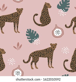 Jungle seamless pattern. Hand drawn leopard, cheetah pattern with palms and tropical leaves on white background. Abstract digital paper vector illustration