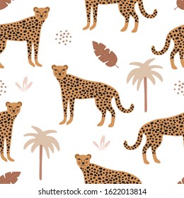 Jungle seamless pattern. Hand drawn leopard, cheetah pattern with palms and tropical leaves on white background. Abstract digital paper vector illustration