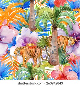 jungle seamless pattern illustration in watercolor. vector illustration.