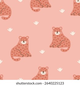 Jungle seamless pattern with leopards and grass on pink background. Perfect for wallpaper, gift paper, summer greeting cards. Vector hand drawn child illustration