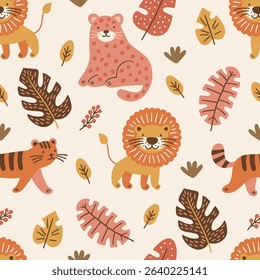 Jungle seamless pattern with lions, tigers and tropical leaves on white background. Perfect for wallpaper, gift paper, summer greeting cards. Vector hand drawn child illustration
