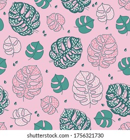 Jungle seamless pattern with monstera leaves and seeds on pink background. Perfect for wallpaper, gift paper, summer tropical greeting cards. Vector illustration