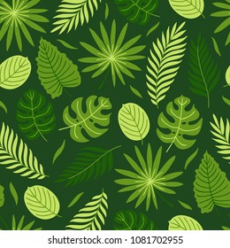 Jungle seamless pattern with monstera, palm, tropical leaves on dark background. Perfect for summer greeting cards 