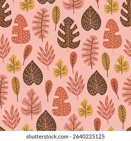 Jungle seamless pattern with monstera and palm leaves on pink background. Perfect for wallpaper, gift paper, summer greeting cards. Vector hand drawn child illustration