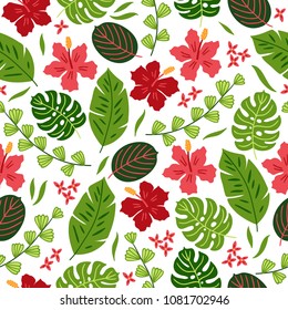 Jungle seamless pattern with monstera, tropical leaves, hibiscus on white background. Perfect for summer greeting cards 