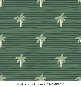 Jungle seamless pattern in pale tones with simple palm tropic print. Green colors, striped background. Designed for fabric design, textile print, wrapping, cover. Vector illustration.