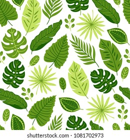 Jungle seamless pattern with palm, monstera and tropical leaves on white background. Perfect for summer greeting cards 