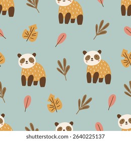 Jungle seamless pattern with pandas and tropical leaves on turquoise background. Perfect for wallpaper, gift paper, summer greeting cards. Vector hand drawn child illustration