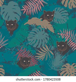 Jungle seamless pattern with panther, tropical plants and leopards background, vector