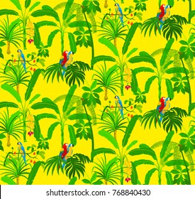 Jungle seamless pattern with parrots. Birds and palm trees on yellow background.