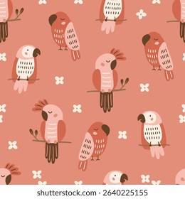 Jungle seamless pattern with parrots and flowers on pink background. Perfect for wallpaper, gift paper, summer greeting cards. Vector hand drawn child illustration