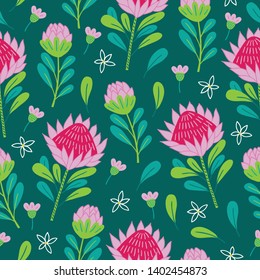 Jungle seamless pattern with protea, plumeria, leaves on dark green background. Perfect for summer greeting cards 
