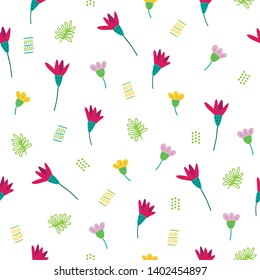 Jungle seamless pattern with red, pink and yellow flowers on white background. Perfect for summer greeting cards 