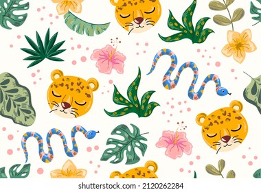 Jungle seamless pattern. Repeating image for banners and posters. Website design and printing on linen. Lion, snake and tropical foliage. Exotic forest and animals. Cartoon flat vector illustration