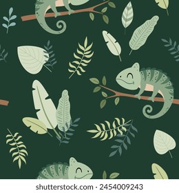 Jungle seamless pattern. Safari pattern with chameleon and tropical leaves. Hand drawn vector design in flat style