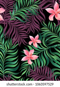 Jungle seamless pattern. Summer vector background with palm leaves and lily flowers. Template for print design.