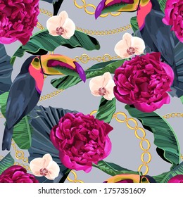 Jungle seamless pattern with toucans. Palm tree leaves, chains, orchids and peonies. Vector illustration. Fashion summer background for wrapping, wallpaper, fabric, textile. 