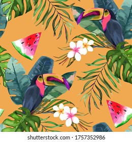 Selva sin costuras con los tucanes. Hojas de palmeras, sandía, hibisco y aves silvestres. Ilustración vectorial. Fondo de verano de moda para envolturas, papel pintado, tela, textil. 