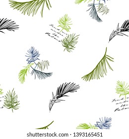 Jungle seamless pattern with tropic palm leaves. Hand drawn contour sketch on white background. Exotic fashion floral illustration.