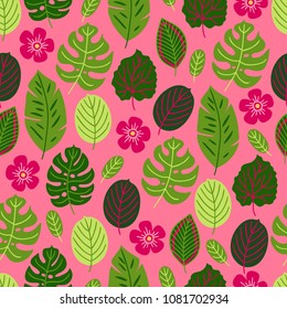 Jungle seamless pattern with tropical flowers and leaves on pink background. Perfect for summer greeting cards 