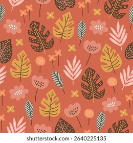 Jungle seamless pattern with tropical flowers, monstera and palm leaves on orange background. Perfect for wallpaper, gift paper, summer greeting cards. Vector hand drawn child illustration