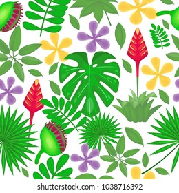 Jungle seamless pattern with tropical leaves and flowers on the white background. Vector illustration. Cartoon style.
