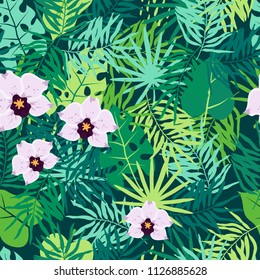 Jungle Seamless Pattern with Tropical Leaves and Orchid. 