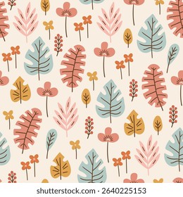Jungle seamless pattern with tropical leaves and flowers on white background. Perfect for wallpaper, gift paper, summer greeting cards. Vector hand drawn child illustration