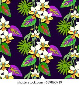Jungle seamless pattern with tropical plants: flowers of orchid and palm leaves.