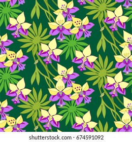 Jungle seamless pattern with tropical plants: flowers of orchid and palm leaves.