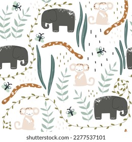 Jungle seamless pattern with wild animals. Cute childish print. Vector hand drawn illustration.