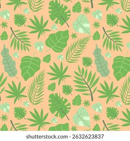 Jungle seamless pattern wth tropical green leaves. Dense foliage design with monstera, palm, and fern on light background.