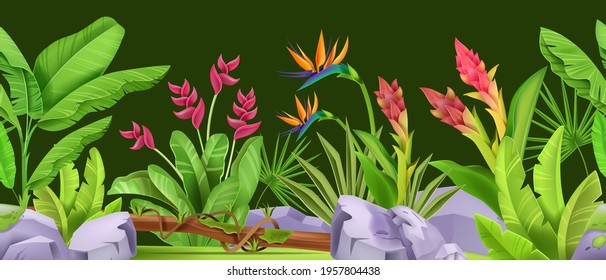 Jungle seamless vector border, green tropical forest nature frame, exotic flowers, leaves, plants, stone. Summer green Hawaii paradise environment illustration. Jungle border, floral Amazon foliage