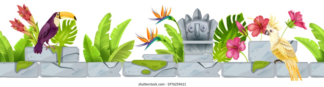 Jungle seamless vector border, tropical stone frame, toucan, parrot, exotic flowers, totem. Nature background, banana leaf, game concept. Jungle border, paradise birds, hibiscus