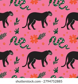 Jungle seamless vector pattern with cute groovy funky cartoon illustration of wild animals, palm tree, exotic plants, flowers, panthera, snake