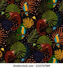 Jungle seamless vector surface pattern design with exotic tropical vegetation, monkeys, macaws and dart frogs