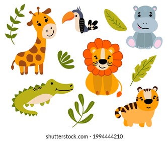 Jungle. Set of cute hand drawn animals. Lion, tiger, crocodile, giraffe, hippo. White background, isolate. Vector illustration.